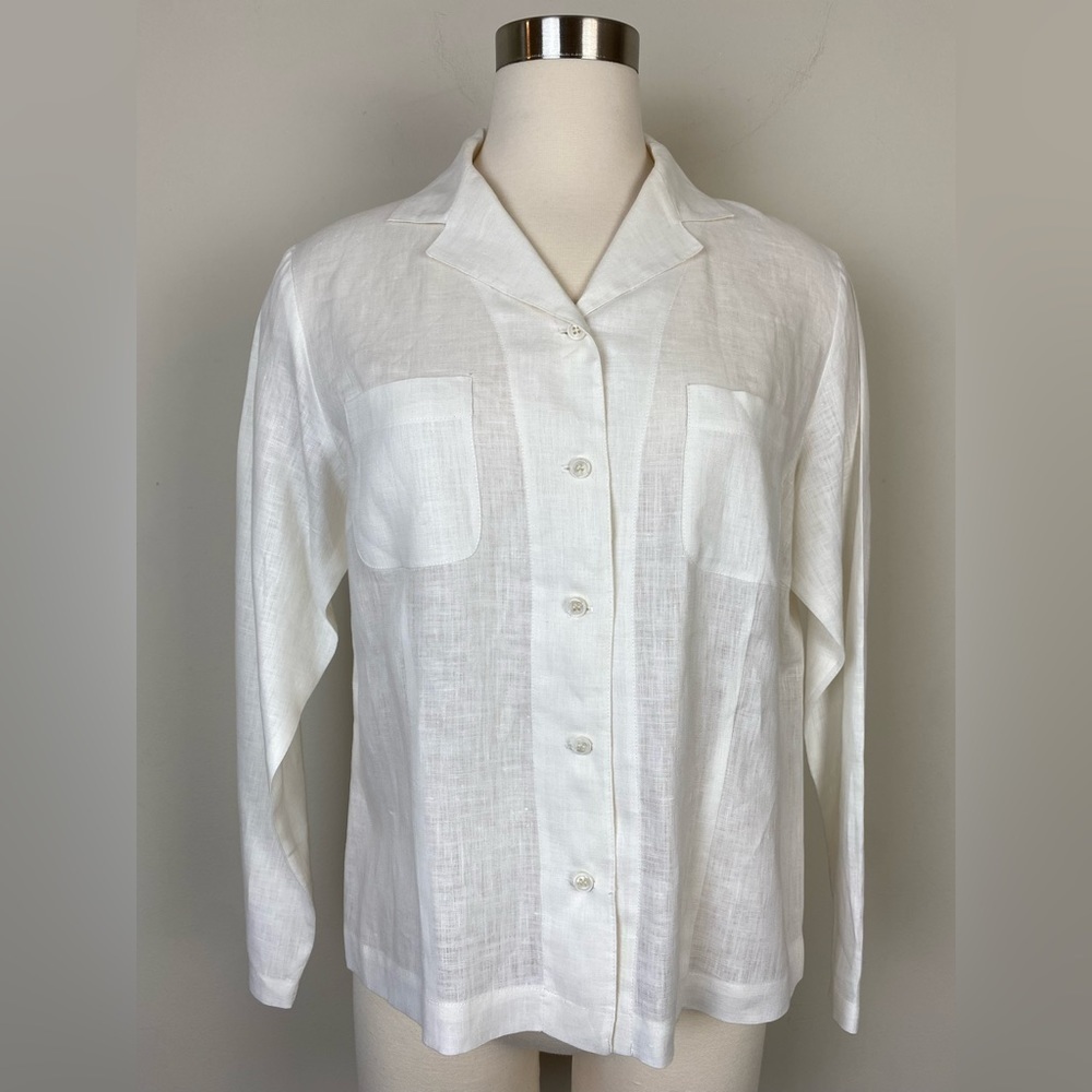 The Territory Ahead Linen Button‎ Front Blouse Top Cream Long Sleeve Collar Sz S